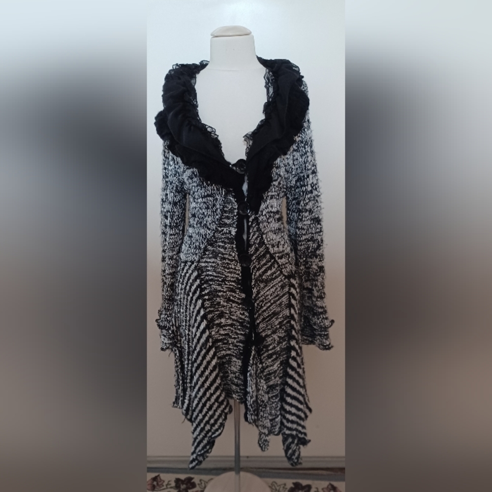 Pretty Angel Ebony Long Vintage look sweater w/ ruffles &lace in grays